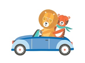 Funny lion and tiger in car flat vector illustration. Cute friends riding automobile cartoon characters. Cute wild animals on road trip. Adorable zoo inhabitants with transport. Holiday journey