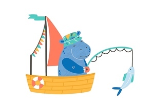 Funny hippopotamus in boat flat vector illustration. Cute fisherman cartoon character. Hippo in little ship isolated on white. Adorable animal with transport. Fishing hobby, outdoor leisure activity