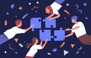 Teamwork and team building flat vector illustration. Coworkers assembling jigsaw puzzle cartoon characters. Coworking and business partnership concept. Businessmen and businesswomen cooperation