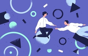 Teamwork and support flat vector illustration. Coworkers cartoon characters and abstract geometrical shapes. Coworking and business partnership concept. Businessmen and businesswomen cooperation