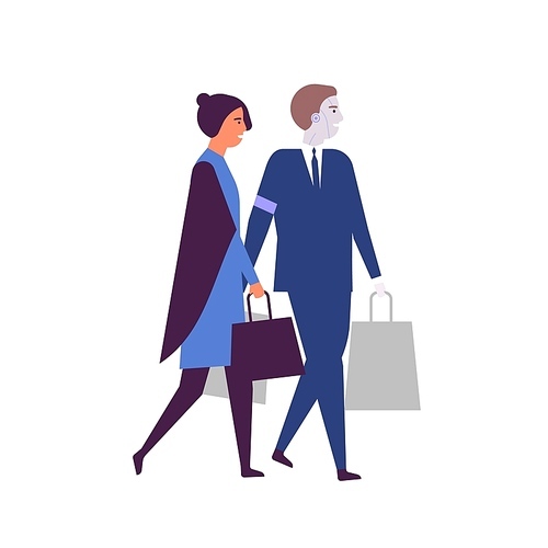 Woman and robotized assistant with shopping bags flat vector illustration. Robots in daily human life. AI helper, humanoid in suit. Cyborg helping businesswoman cartoon characters isolated on white