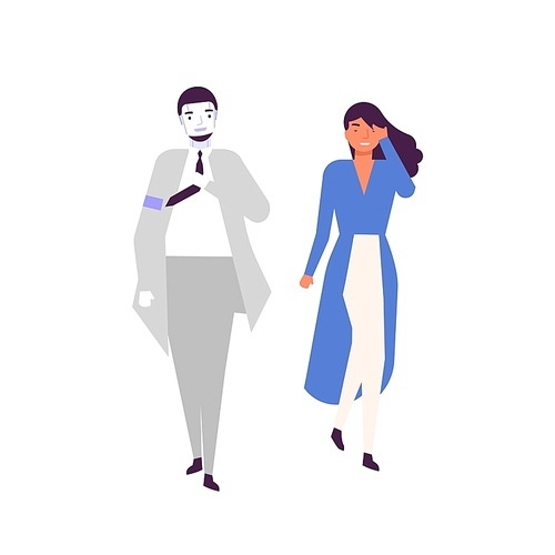 Human and android walking together flat vector illustration. Happy young woman and humanoid cyborg in suit cartoon characters. People and robots, advanced artificial intelligence concept