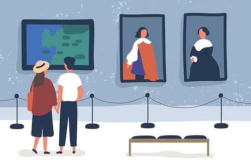 Couple visiting art gallery, museum flat vector illustration. People viewing showpieces at exhibition. Tourists looking at paintings at display hall. Man and woman enjoying artworks