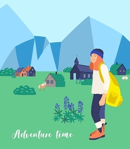Mountain hiking flat vector illustration. Female tourist cartoon character. Wandering woman. Tour abroad, trip round-the-world, foreign country visiting. Travelling, outing, adventure