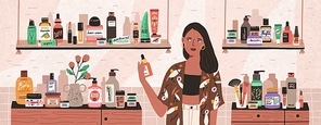 Natural cosmetics, eco products choosing in store flat illustration. Female shop assistant, cosmetic buyer cartoon character. Toiletry assortment. Lady skincare, makeup, beauty products choice