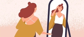 Beautiful woman looking at mirror flat vector illustration. Self acceptance and confidence concept. Young fashionable lady reflection in mirror. Attractive woman preening her hair cartoon character