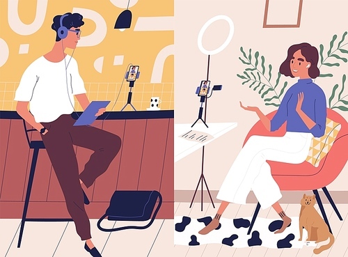 live streaming, broadcast flat vector illustration. male and female social media network vioggers collaboration. vloggers cartoon characters. interview, podcast, video recording in studio