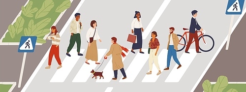 People at crosswalk flat vector illustration. Urban lifestyle concept. Male and female pedestrians crossing city street cartoon characters. Multiethnic community members. Rush hour idea