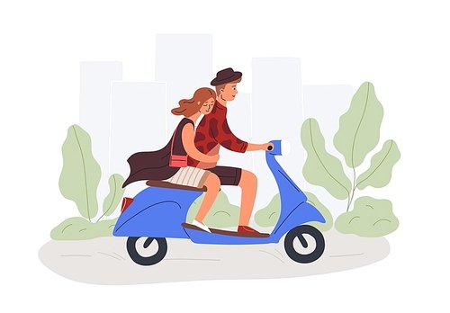Boyfriend and girlfriend riding scooter flat vector illustration. Male and female cartoon characters on romantic date. Couple in love driving urban transport design element. Man and woman road trip