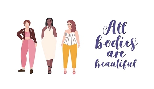 All bodies are beautiful flat illustration. Plus size models cartoon characters. Body positive, feminism, self-acceptance concept. Lady natural beauty. Self-confident women lifestyle