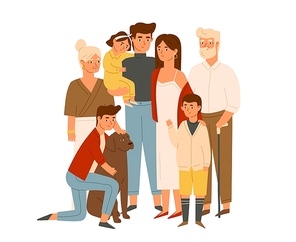 Happy big family together flat illustration. Wife and husband with senior grandparents, kids. Grandparents with grandchildren and dog portrait. Parents, children cartoon characters isolated on white