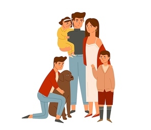Happy big family portrait flat illustration. Wife and husband with kids. Parents, children and dog together isolated on white. Mother, father, sons and daughter standing cartoon characters