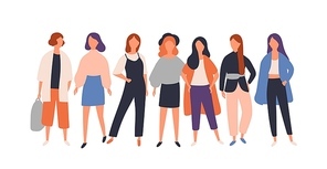 Women diverse group flat vector illustration. Young female characters standing isolated on white. Model, student, businesswoman in fashionable modern casual clothes. Stylish teenage girls