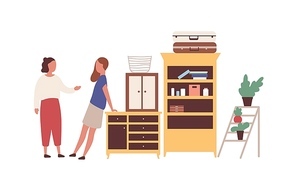 Women at flea market flat vector illustration. Cartoon girls, neighbors meeting at garage sale. Female shopper asking old furniture price. Second hand shop customers choosing antique purchases