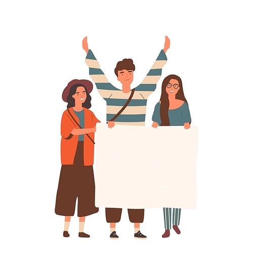 Young people holding blank placard flat vector illustration. Students protest, youth social movement concept. Happy girls and guy characters with empty poster in hands with place for text
