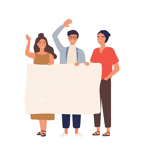 Group of people with empty banner flat vector illustration. Young students holding blank paper with place for text. Male and female smiling cartoon characters isolated scene