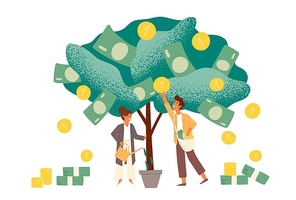 Business investment profit flat vector illustration. Revenue and income metaphor. Businessman and businesswoman characters picking cash from money tree. Investors strategy, funding concept