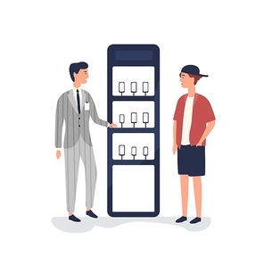 Salesman advertising smartphones flat vector illustration. Customer choosing mobile phone at promotional stand. Promoter consulting client. Electronics store sales manager isolated cartoon character