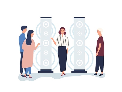 Promoter advertising stereo system flat vector illustration. Female sales manager, merchandiser helping customers. Saleswoman, clients choosing audio speaker cartoon characters isolated on white