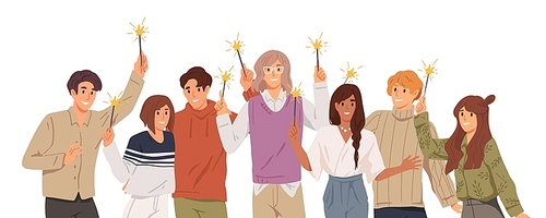 Group of young people holding burning sparklers on white background. Friends celebrate Christmas together. Happy men and women on New Year corporate party. Vector illustration in flat cartoon style