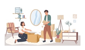 People relocating to new apartment flat vector illustration. Man and woman cartoon characters packing belongings. Young couple unpacking furniture in living room. House moving concept
