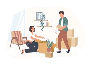 Young couple moving to a new house or apartment. Man and woman packing their stuff in cardboard boxes. Family preparing for relocation to another dwelling. Vector illustration in flat cartoon style