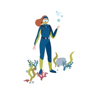 Scuba diving flat vector illustration. Female diver at ocean bottom cartoon character. Marine flora and fauna searching. Active rest. Woman with aqualung isolated on white background