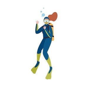 Scuba diver in wetsuit show ok gesture isolated on white background. Woman with special equipment snorkeling underwater. Summer travel recreational activity. Vector illustration in flat cartoon style