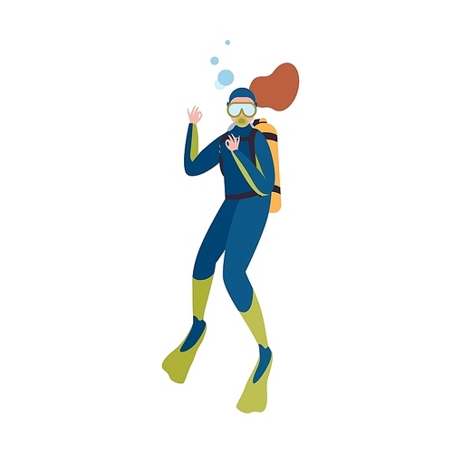 Scuba diver in wetsuit show ok gesture isolated on white . Woman with special equipment snorkeling underwater. Summer travel recreational activity. Vector illustration in flat cartoon style