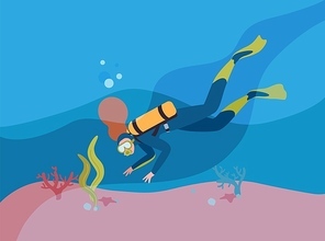 Scuba diver in wetsuit with oxygen cylinder flat vector illustration. Woman snorkeling underwater cartoon character. Person exploring ocean depths. Extreme tourism. Active lifestyle