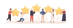 User experience feedback flat vector illustration. People with stars isolated on white. Clients evaluating product, service. Consumer product review. Customer satisfaction assessment concept
