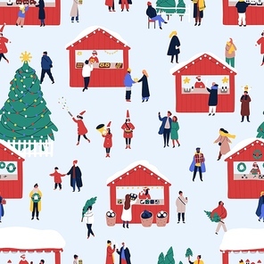 Christmas street fair flat vector seamless pattern. Winter holiday decorative texture. Traditional new year festivity hand drawn background. Xmas wrapping paper, wallpaper, textile design