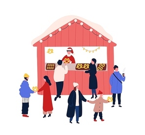 Christmas fair stall flat vector illustration. Winter season holidays festival. Children and adults buying pastry isolated design element. Baked cookies outdoor market kiosk on white background