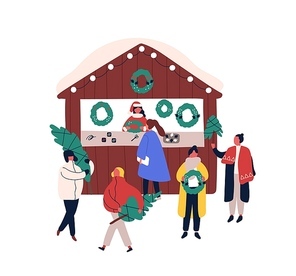Xmas decorations flat vector illustration. Saleswoman and customers cartoon characters. Christmas fair, seasonal street market design element. People buying fir trees and festive wreaths