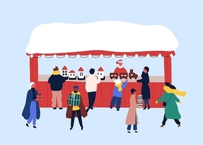 Christmas fair souvenir stall flat vector illustration. Winter season holidays festival. Children and adults buying presents isolated design element. Toys outdoor market kiosk on white background