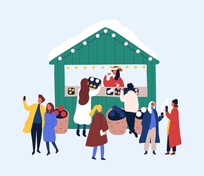 Xmas street fair flat vector illustration. Seller and customers in warm clothes cartoon characters. New year tradition, christmas eve design. People buying festive souvenirs, toys, sweets