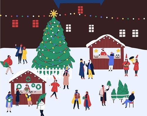 Christmas fair flat vector illustration. Winter holidays outdoor celebration. People buying hot drinks outside. New Year preparations. Fir trees stall sellers and buyers cartoon characters