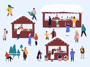 Christmas fair, street market flat vector illustration. Merchants and customers cartoon characters. Vendors selling fir trees, food and presents. Xmas atmosphere, traditional holiday shopping