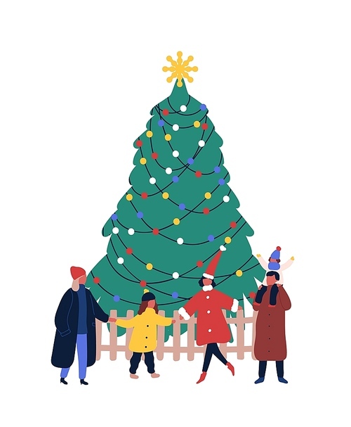 Christmas holiday outdoor celebration flat vector illustration. Children and adults holding hands, gathering around festive fir tree together. Winter season, New Year festive event isolated on white
