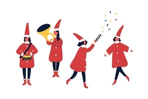Christmas fair performers flat vector illustrations set. Winter holiday party, carnival participants in festive elf costumes. Orchestra musicians. People celebrate New Year cartoon characters