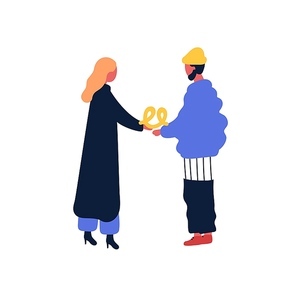 Woman give pretzel to her boyfriend flat vector illustration. Friends meeting, standing together. Two people tasting baking product. Girl and boy having friendly conversation cartoon characters