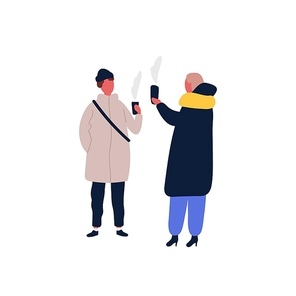 Women and man standing together with hot drink flat vector illustration. Friends meeting, communicating with tea cups. Two peopls in winter clothing talking cartoon characters isolated on white