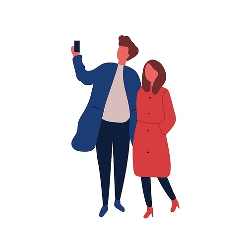 Man and woman taking selfie flat vector illustration. Boyfriend and girlfriend on date. Stylish guy holding smartphone cartoon character on white background. Romantic couple, friends walking