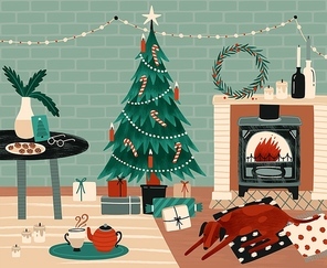 New Year celebration preparation vector illustration. Christmas festive atmosphere. Home coziness, Xmas celebration. Decorated Christmas tree and fireplace in room. Winter holidays attributes