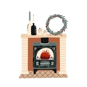 Fireplace with Christmas decorations flat vector illustration. New Year festive atmosphere. Home coziness. Decorated Xmas mantelpiece, room interior item. Winter holidays attributes