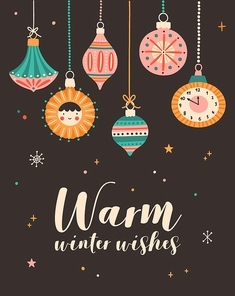 Warm winter wishes greeting cards vector template. Xmas postcard, new year poster design with holiday congratulations. Various christmas tree decorations flat illustration with typography