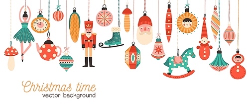 Christmas time flat banner vector template. Xmas tree decorations illustration with typography. Decorative toys hanging on strings. Traditional new year celebration accessories on white background