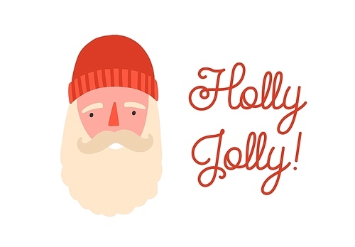 Cute santa claus face flat vector illustration. Winter holiday greeting card, postcard design element. New year symbol and holly jolly calligraphy on white background. Traditional festive saying