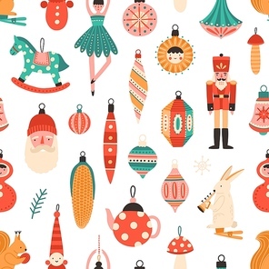 Christmas tree decorations flat vector seamless pattern. Traditional winter holiday cartoon texture. Decorative xmas toys illustration. New year backdrop. Festive wrapping paper, wallpaper design