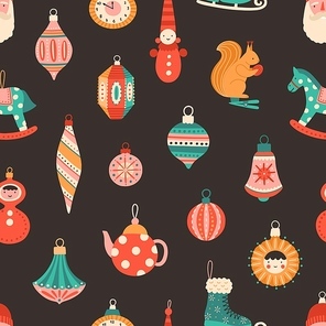 Christmas tree baubles flat vector seamless pattern. Black background with retro New Year decorations, ornaments. Winter holiday creative texture. Xmas vintage wallpaper, wrapping, textile design